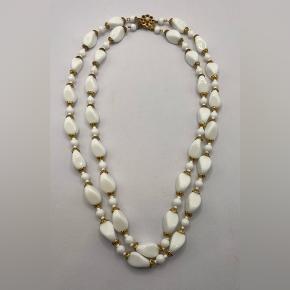 Vintage Double Strand Gold Tone and Shiny White Opaque Beads Necklace - Picture 8 of 10